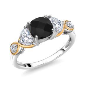 925 Silver and 10K Yellow Gold Cushion Onyx Half Moon Moissanite and Lab Grown Diamond 3-Stone Engagement Ring For Women (1.58 Cttw, Gemstone Birthstone, Available In Size 5, 6, 7, 8, 9)