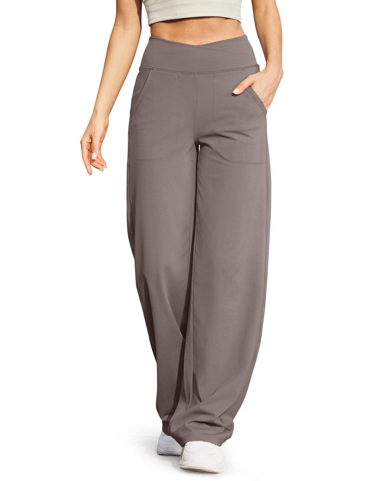 G4Free Loose Pants for Women Wide Leg Trouser Pants with Pockets Stretch Yoga Dress Pants for Business Casual Lounge(Taupe,L,31")