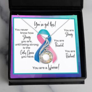 Thyroid Cancer Warrior Necklace - Gift for Support, Fighter, Survivor - Blue, Pink and Teal Ribbon Awareness - Jewelry for Post-Surgery, Chemo Patient