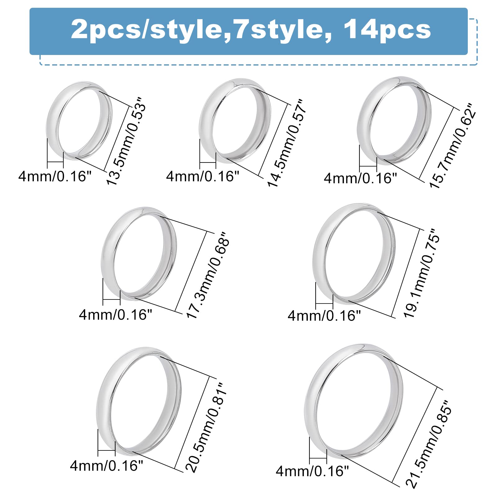 DICOSMETIC 14Pcs 7 Size Plain Finger Rings 4mm Knuckle Rings Wedding Band Stackable Rings Women's Thin Plain Band Rings Stainless Steel Ring Comfort Fit US Size 2-12