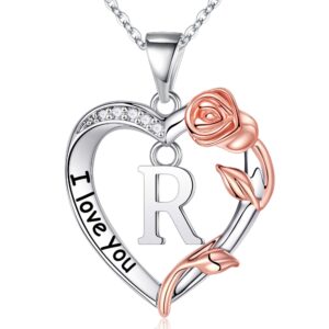 MONOZO Rose Heart Initial Necklaces for Women Trendy, Rose Love Letter Pendant Initial R Necklace Jewelry Anniversary Valentines Birthday Gifts Necklaces for Women Silver Jewelry Gifts for Women Mom