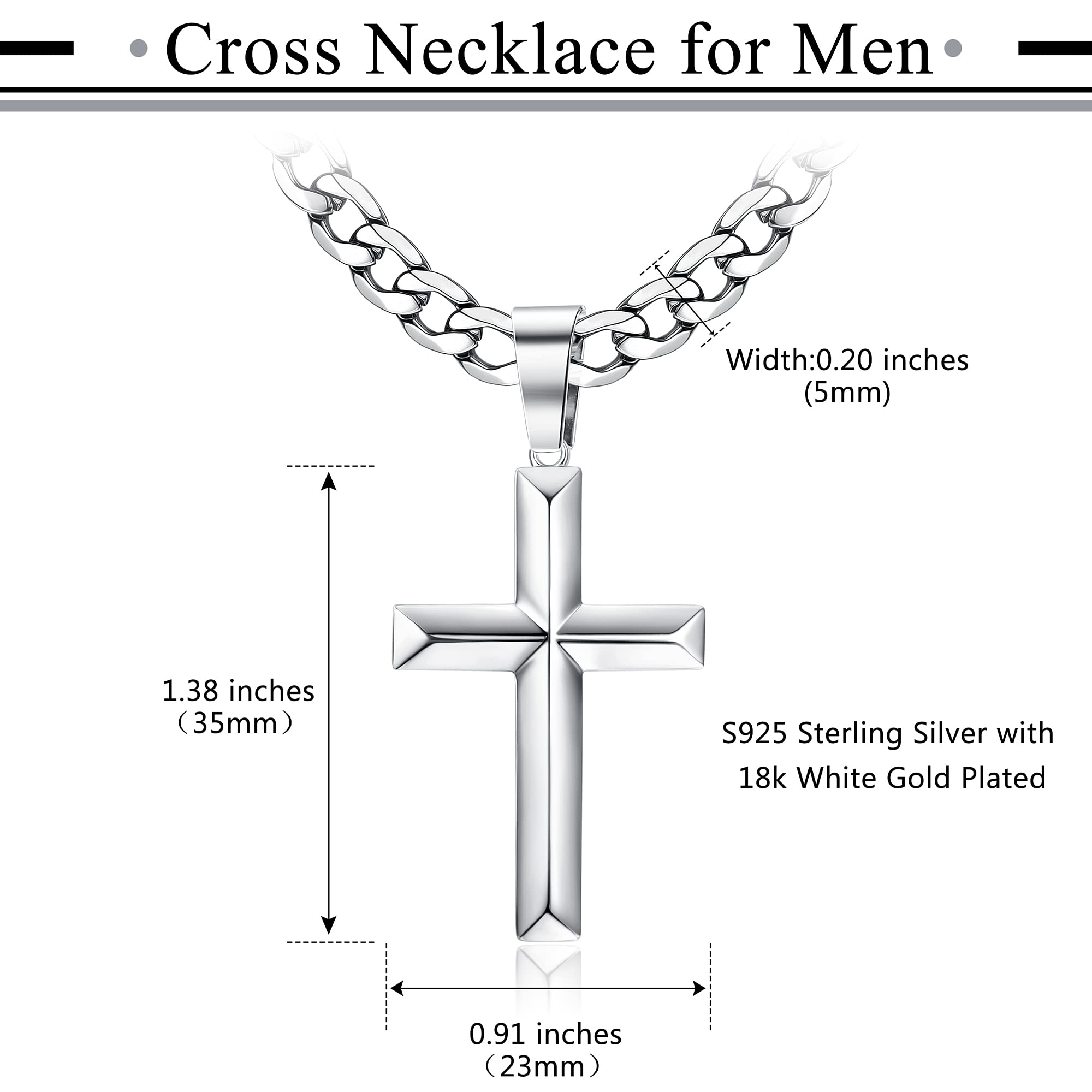 Fansilver 925 Sterling Silver Cross Pendant Necklace Diamond-Cut Cuban Link Chain Necklace Highly Polished Beveled Edge Cross Chain Necklace Silver Cross Necklace for Men Women 24 Inches