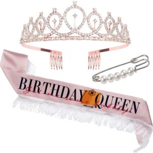 elevate sash luxury birthday queen sash & tiara set for women - elegant pink sash with fringe, premium pink tiara, rhinestone crown and headband with deluxe pearl pin for adjustable size