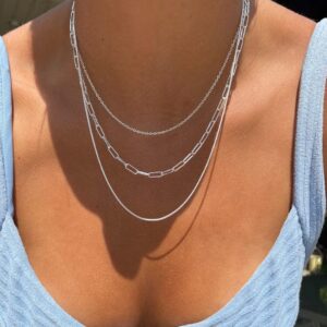 Tasiso Silver Necklaces for Women Silver Plated Layering Paperclip Box Chain Necklace Layered Simple Chain Choker Necklace Set Minimalist Everyday Waterproof Jewelry Gifts