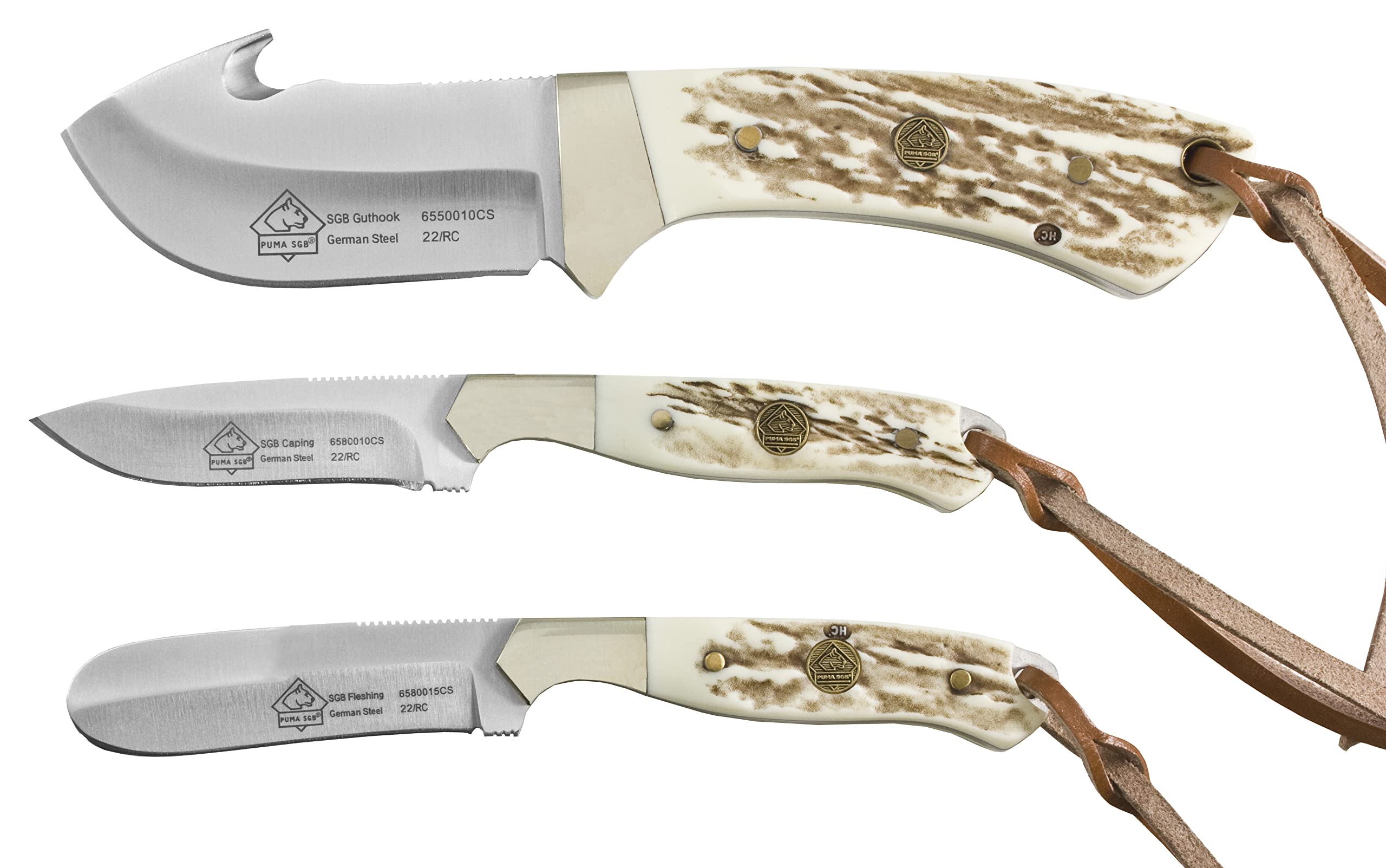 Puma SGB TrophyCare 3 Piece POM Commando Stag Knife Set with Leather Sheath