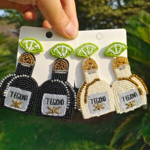 Dvacaman Beaded Earrings Tequila Wine Bottle DIY Handmade Bead Statement Dangle Earrings for Women (Cream)