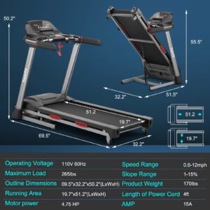 Goplus 4.75HP Folding Treadmill for Home Gym, Commercial Heavy Duty Superfit Treadmill with 15% Auto Incline, 20 Preset Programs, Bluetooth Speakers, LED Display, Smart APP, Running Walking Machine