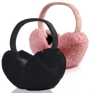 2Pack Ear Muffs For Winter Women Adjustable Fuzzy Earmuffs Foldable Fluffy Ear Warmers Faux Fur Ear Muffs For Cold Weather,Black/Pink