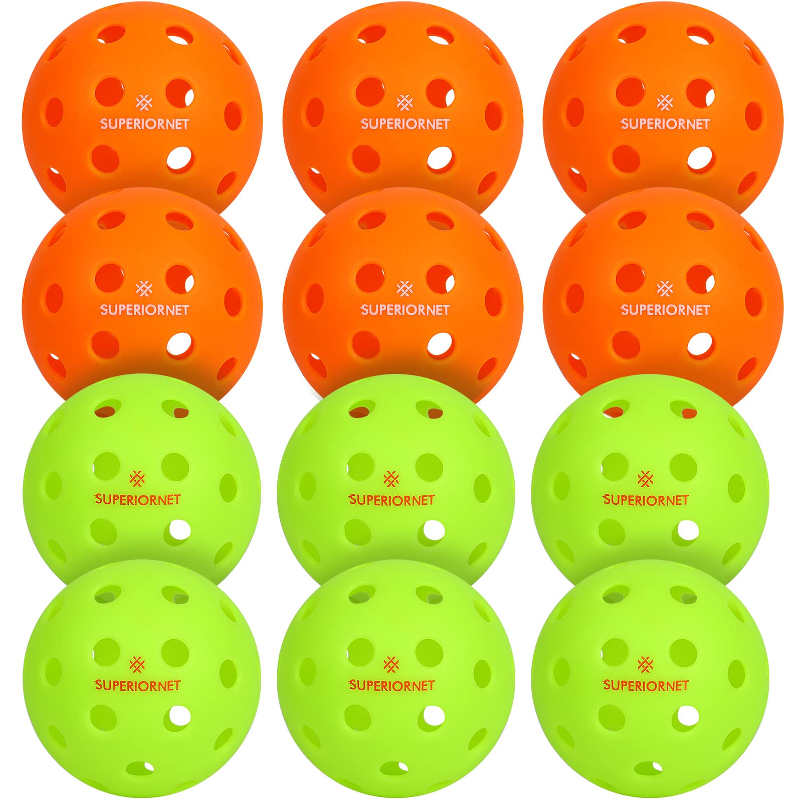 SUPERIORNET Pickleball Balls, 40 Holes, 12 Pack Set Pickleballs for Indoor and Ourdoor Playing (Green/Orange)