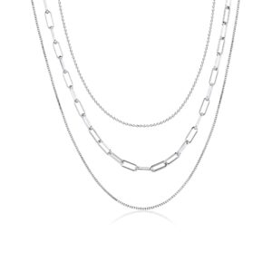 Tasiso Silver Necklaces for Women Silver Plated Layering Paperclip Box Chain Necklace Layered Simple Chain Choker Necklace Set Minimalist Everyday Waterproof Jewelry Gifts