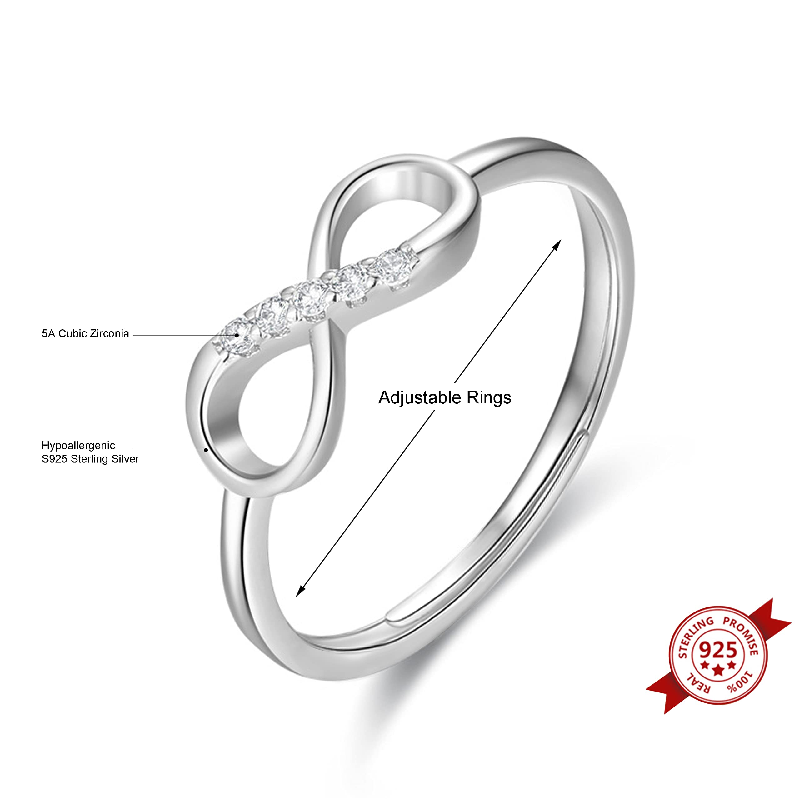 KristLand - Women Ring S925 Silver Cubic Zircon Knot Infinity Love Ring for Women Eternity Love Band for Women Gift Open Ring Adjustable Size