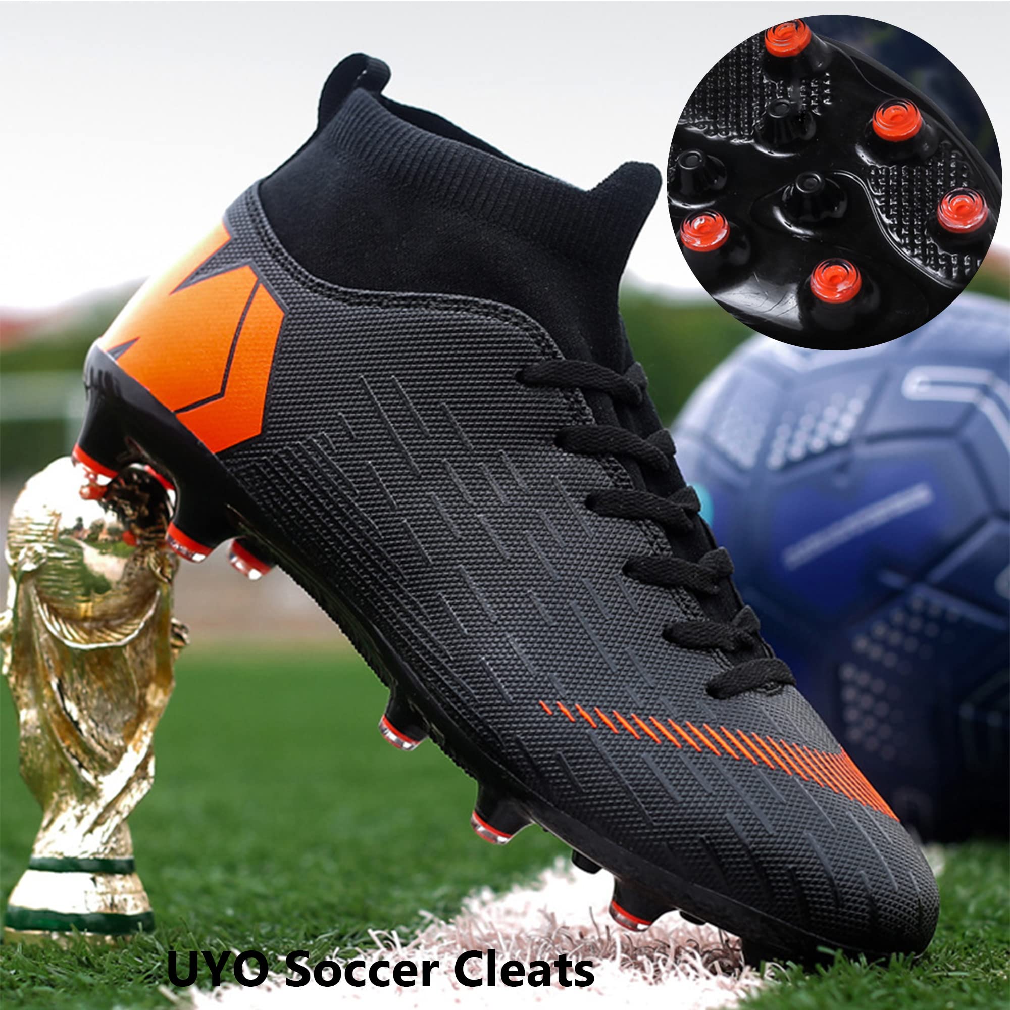 Men's Firm Ground Soccer Shoes Football Cleats Spikes High-Top Lace-Up Lightweight Hard Ground Turf Boots Black EU 43 US 10