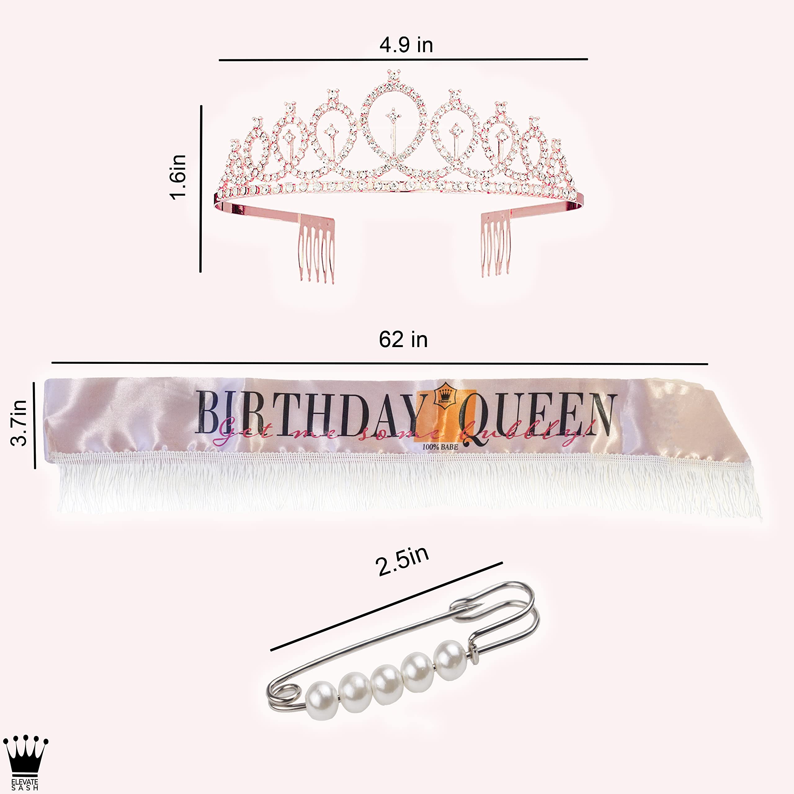 Elevate Sash Luxury Birthday Queen Sash & Tiara Set for Women - Elegant Pink Sash with Fringe, Premium Pink Tiara, Rhinestone Crown and Headband with Deluxe Pearl Pin for Adjustable size