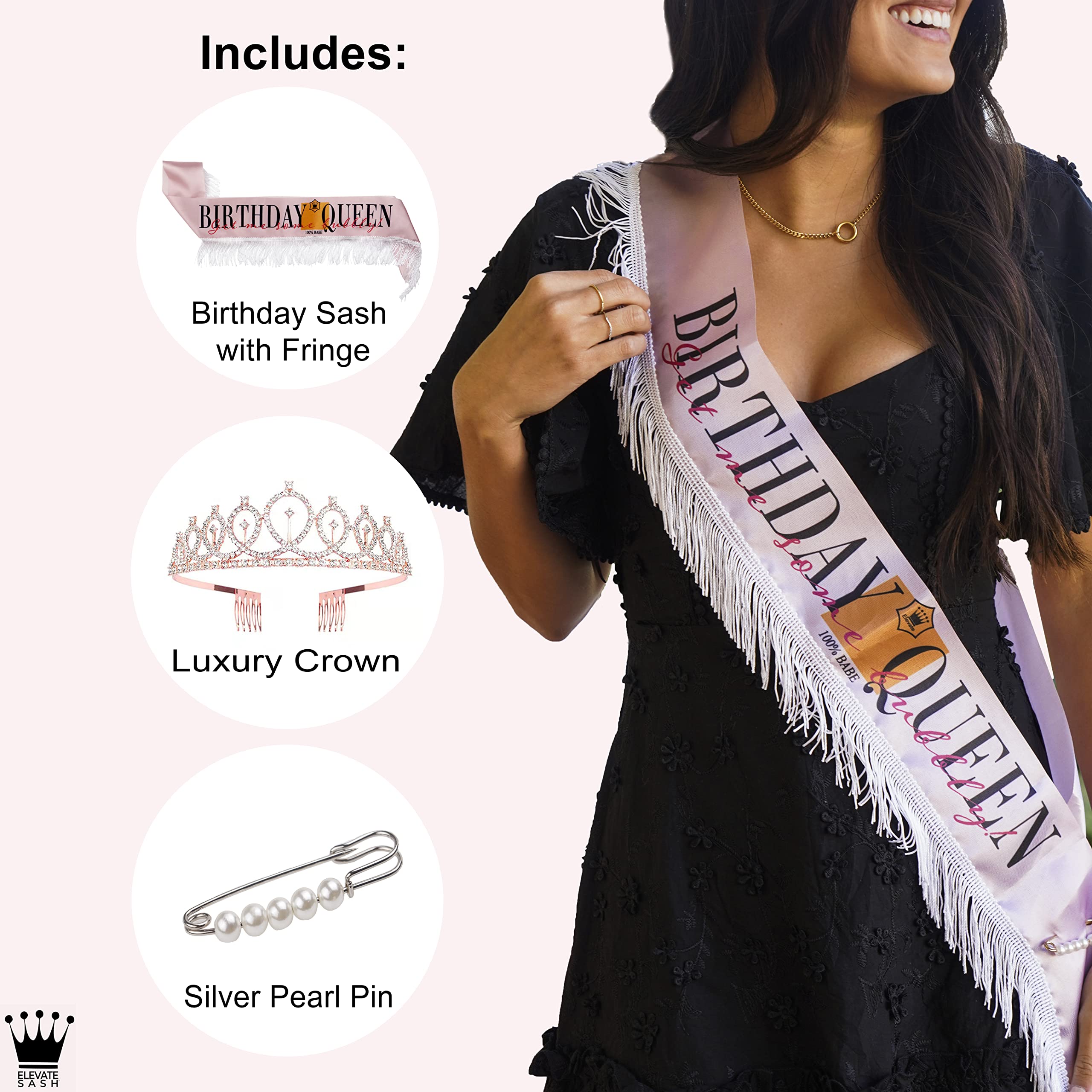 Elevate Sash Luxury Birthday Queen Sash & Tiara Set for Women - Elegant Pink Sash with Fringe, Premium Pink Tiara, Rhinestone Crown and Headband with Deluxe Pearl Pin for Adjustable size