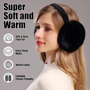 2Pack Ear Muffs For Winter Women Adjustable Fuzzy Earmuffs Foldable Fluffy Ear Warmers Faux Fur Ear Muffs For Cold Weather,Black/Pink