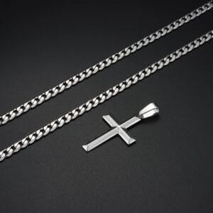 Fansilver 925 Sterling Silver Cross Pendant Necklace Diamond-Cut Cuban Link Chain Necklace Highly Polished Beveled Edge Cross Chain Necklace Silver Cross Necklace for Men Women 24 Inches