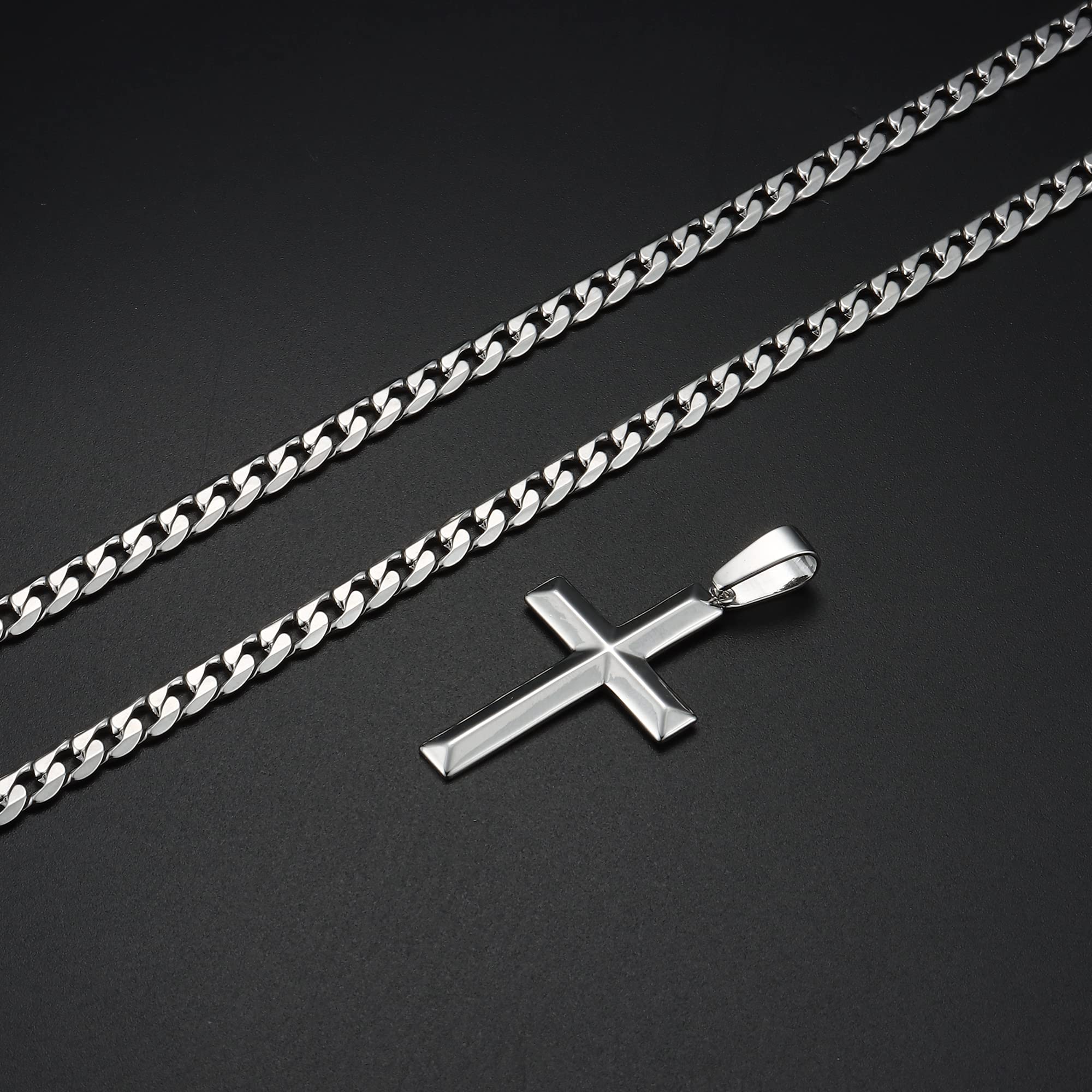 Fansilver 925 Sterling Silver Cross Pendant Necklace Diamond-Cut Cuban Link Chain Necklace Highly Polished Beveled Edge Cross Chain Necklace Silver Cross Necklace for Men Women 24 Inches