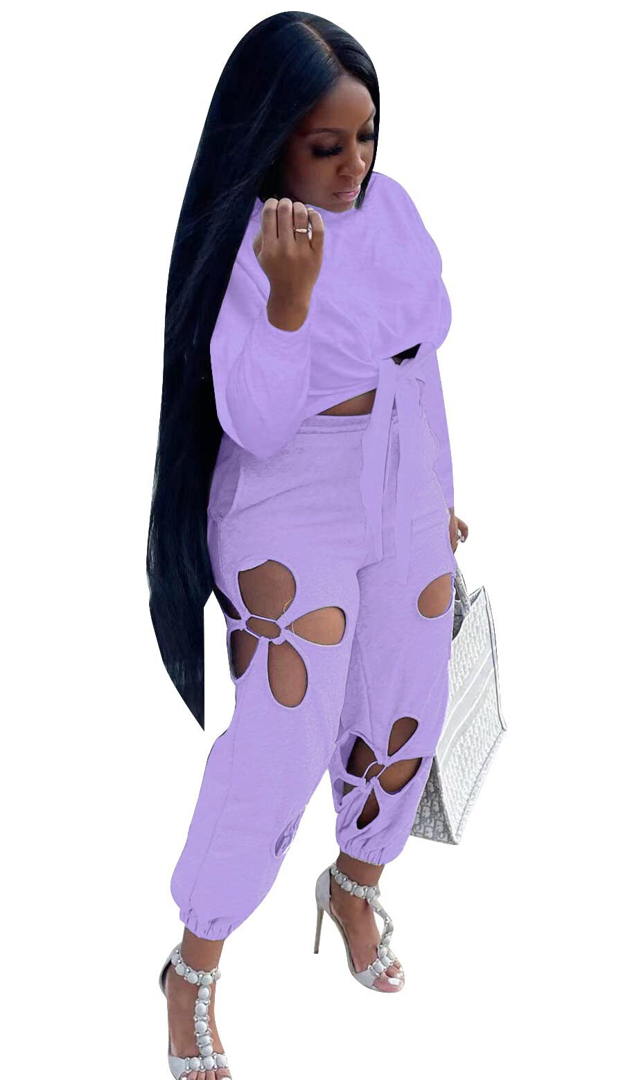 Sweat Suits for Womens 2 Piece Workout Set Sweatpants and Knot Front Tops Fall Outfits Purple