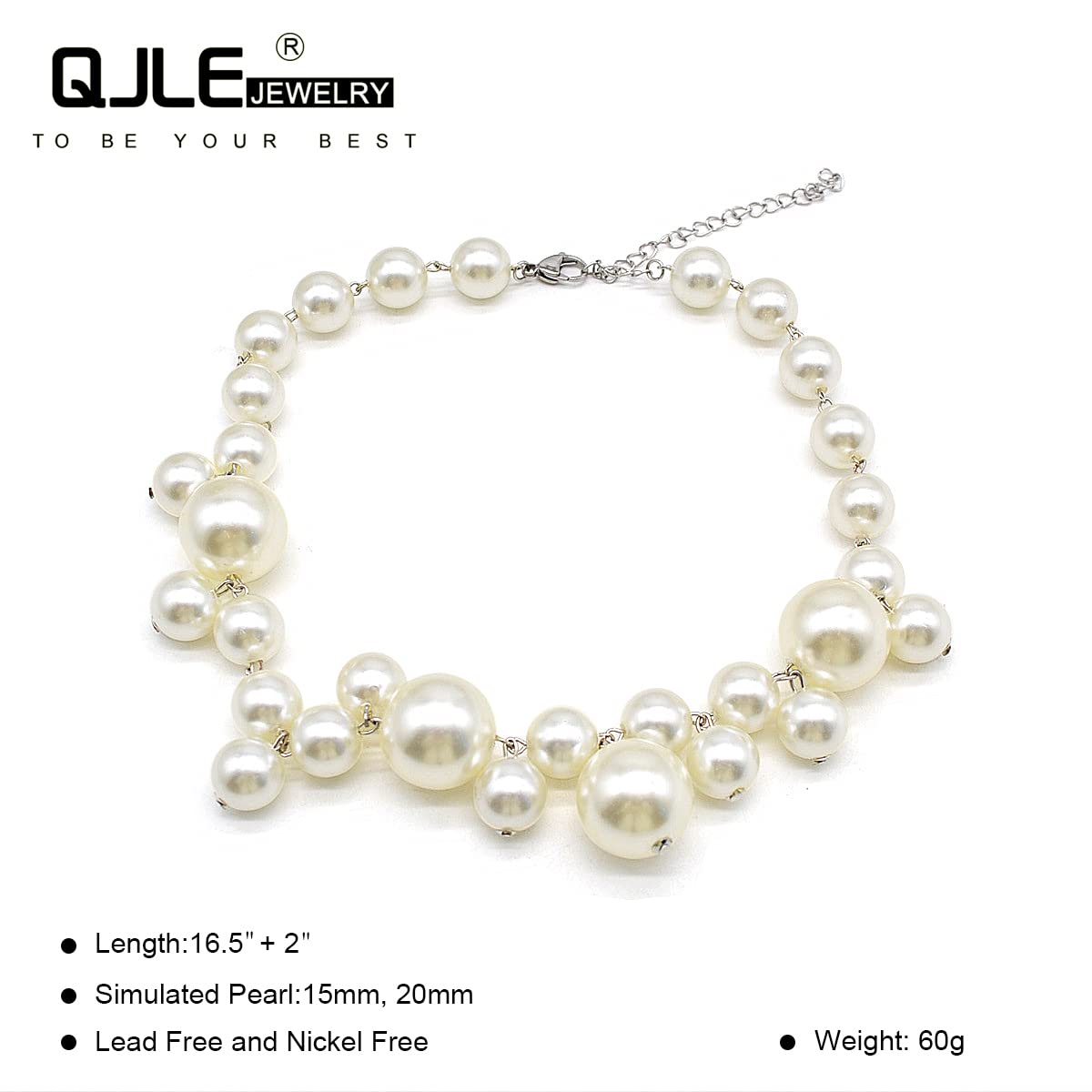 QJLE Stainless Steel Simulated Pearl Necklace for Women, 16.5+2'' Choker, High Lustre Round Beads, Silver Theme, Costume Jewelry Gift for Teen Girls