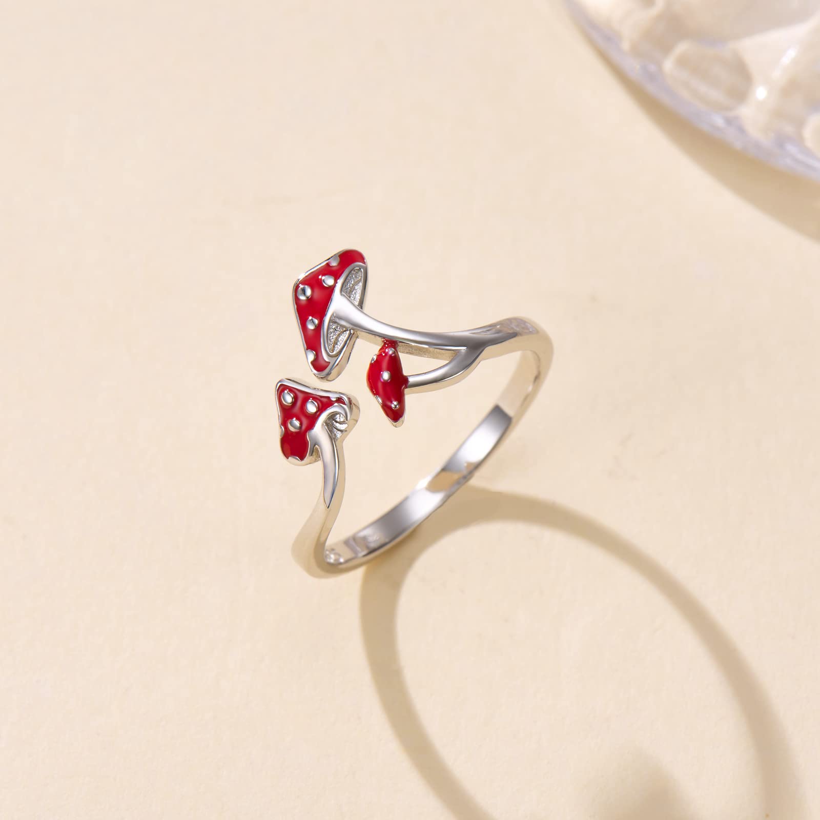 Cute Mushroom Gifts for Women - 925 Sterling Silver Magical Red Mushroom Ring Gifts for Women