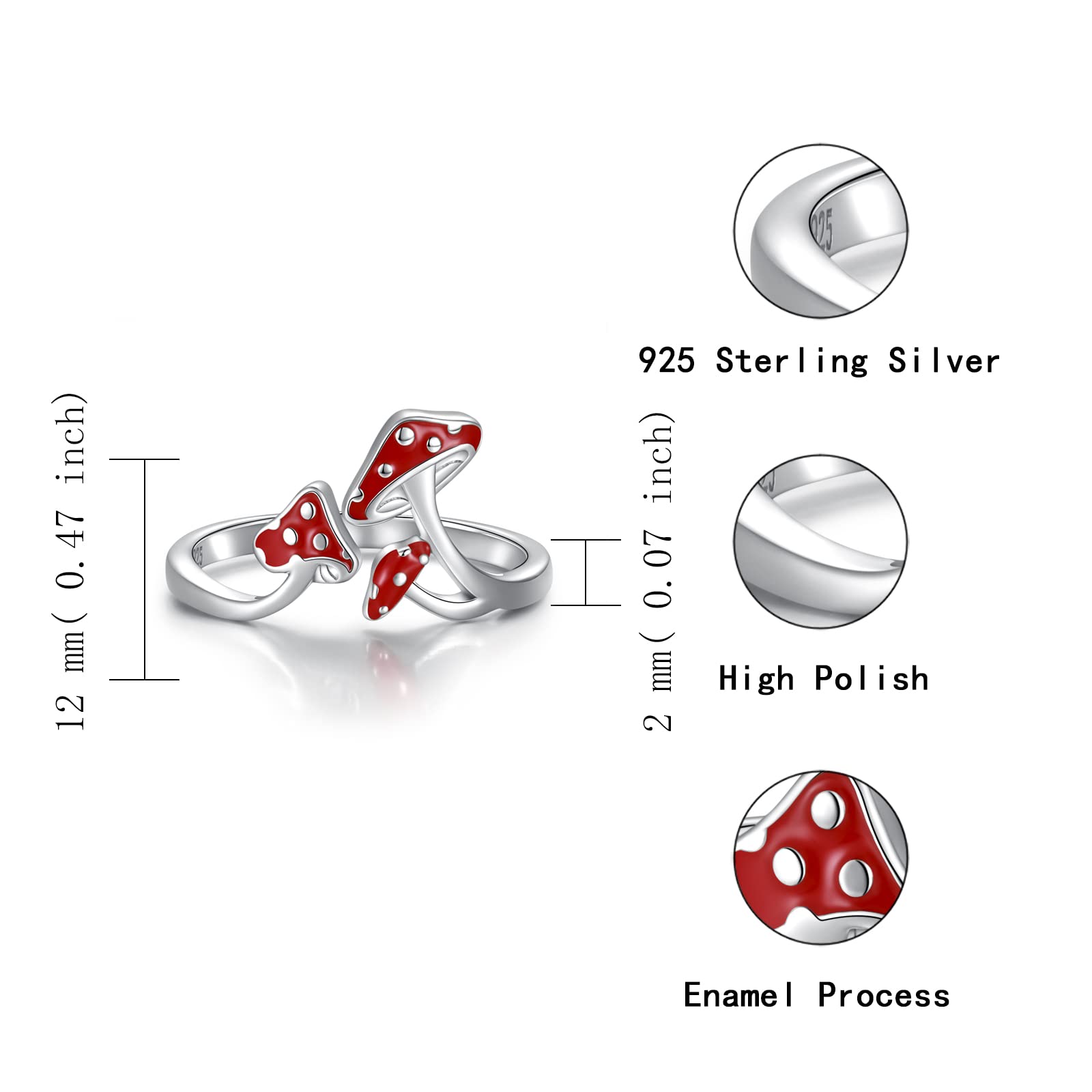 Cute Mushroom Gifts for Women - 925 Sterling Silver Magical Red Mushroom Ring Gifts for Women