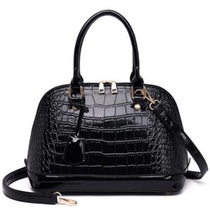 Dayfine Classic Dome Satchel Bags for Women Crocodile Pattern Faux Leather Crossbody Bags Top Handle Handbags Zipper Purse-Black