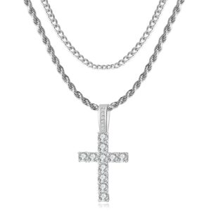 gemosa cross chain for men 14k gold silver plated solid iced out 5a+ cubic zirconia stainless steel cuban link rope layered chains 1624 inch large cross diamond pendant nceklace for women boys girls