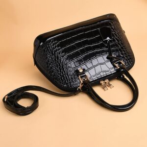 Dayfine Classic Dome Satchel Bags for Women Crocodile Pattern Faux Leather Crossbody Bags Top Handle Handbags Zipper Purse-Black