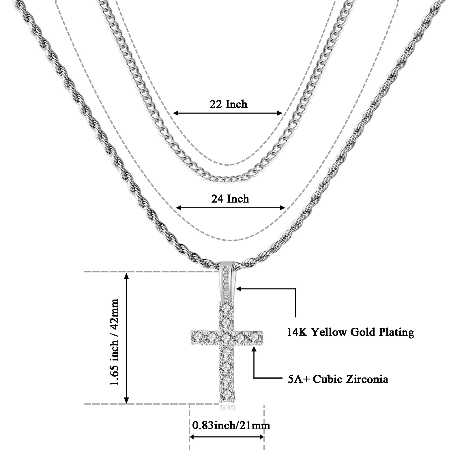 GEMOSA Cross Chain for Men 14K Gold Silver Plated Solid Iced Out 5A+ Cubic Zirconia Stainless Steel Cuban Link rope Layered Chains 1624 Inch Large Cross Diamond Pendant Nceklace for Women Boys Girls