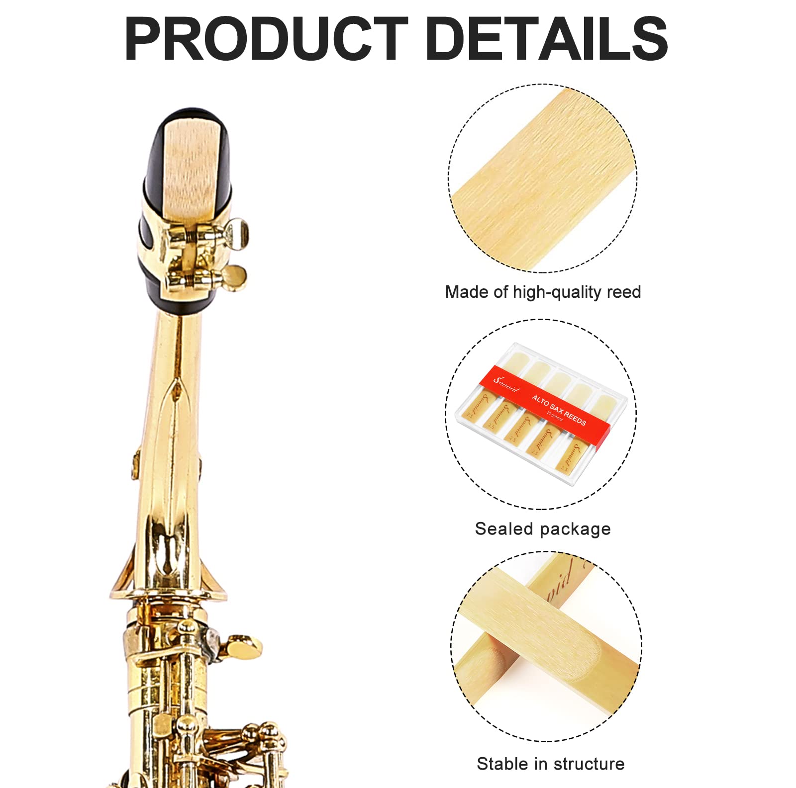 Sovvid 10 Pack Professional Alto Saxophone Reeds with Plastic Box, Strength 2.5 Alto Sax Reeds, Laser Engraved Marking & Thinner Reed Tip for Easy of Play, Traditional Reeds for Saxophone Alto