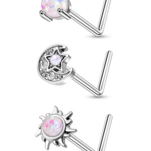 MeIighting Nose Rings 20G Moon Nose Studs Stainless Steel 316L Sun Nose Piercing Jewelry L Shaped for Women Men Body Piercing Jewelry