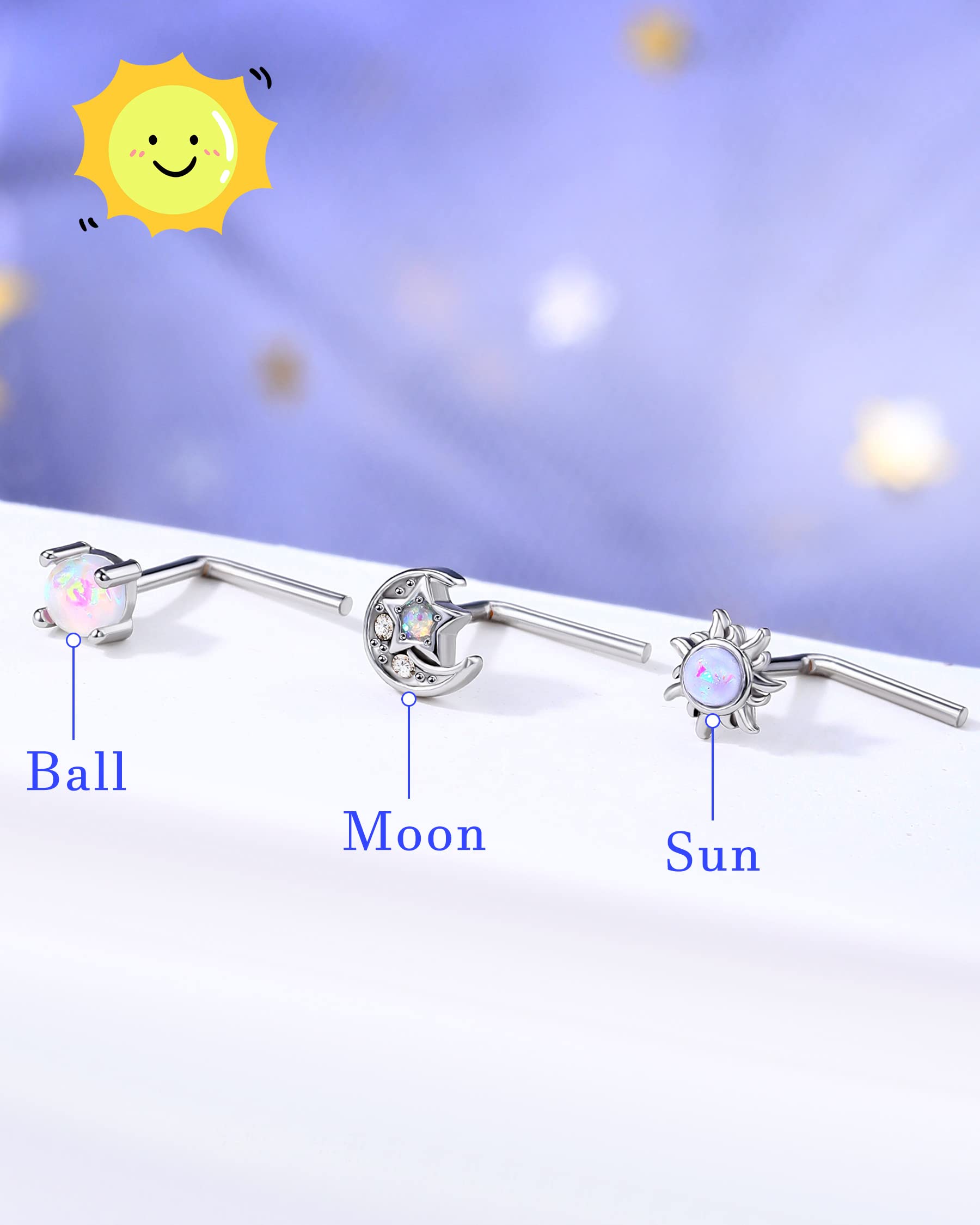 MeIighting Nose Rings 20G Moon Nose Studs Stainless Steel 316L Sun Nose Piercing Jewelry L Shaped for Women Men Body Piercing Jewelry