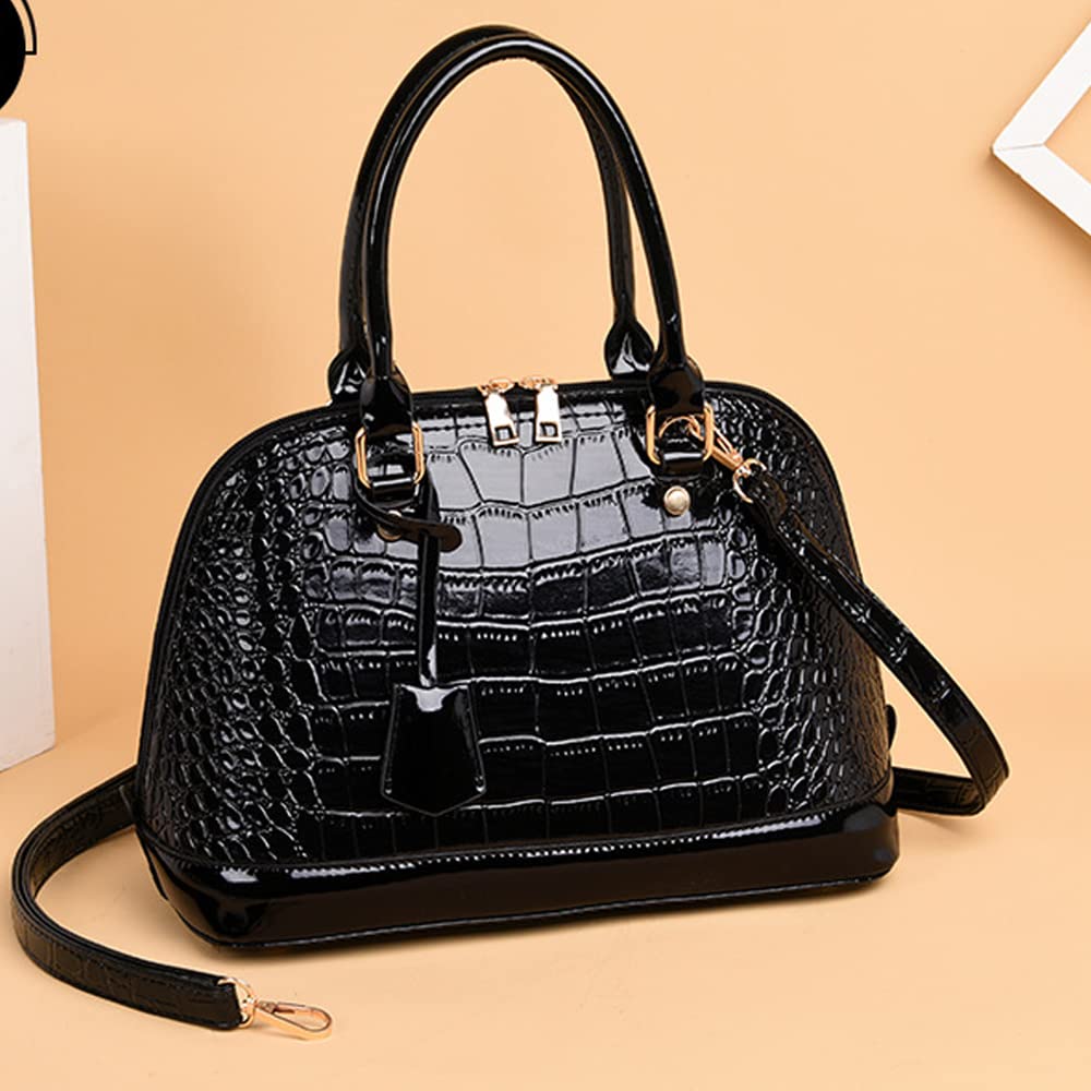 Dayfine Classic Dome Satchel Bags for Women Crocodile Pattern Faux Leather Crossbody Bags Top Handle Handbags Zipper Purse-Black