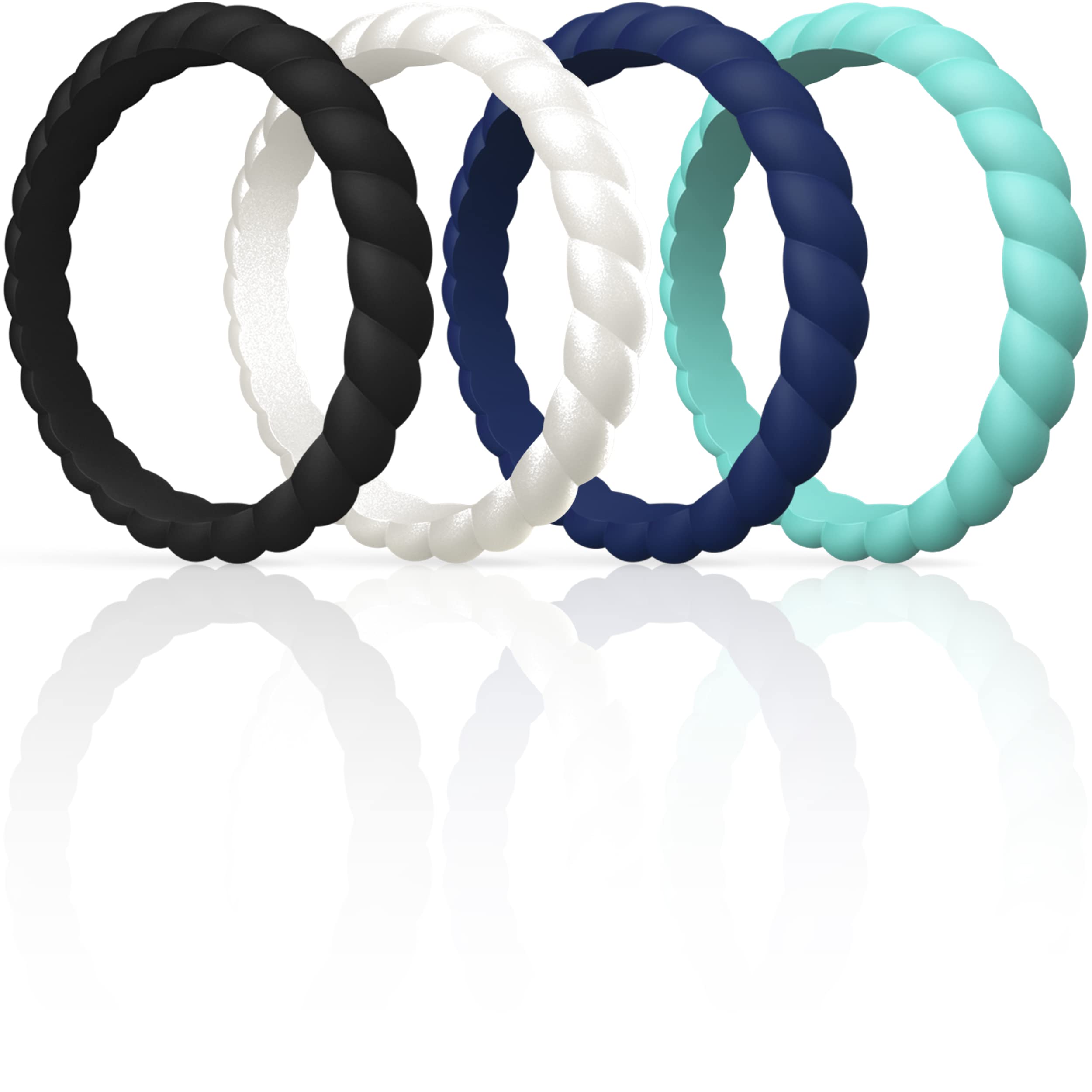 Saco Band Silicone Ring for Women - 3mm Width 2.5mm Thick (Black, Pearl Silver A, Teal B, Dark Blue H- Size 6.5-7 (17.35mm))