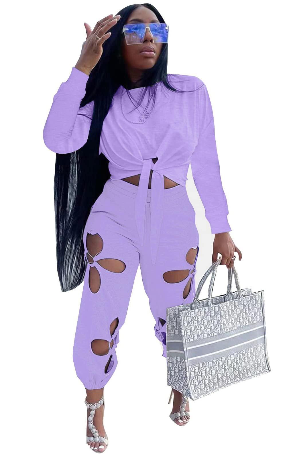 Sweat Suits for Womens 2 Piece Workout Set Sweatpants and Knot Front Tops Fall Outfits Purple