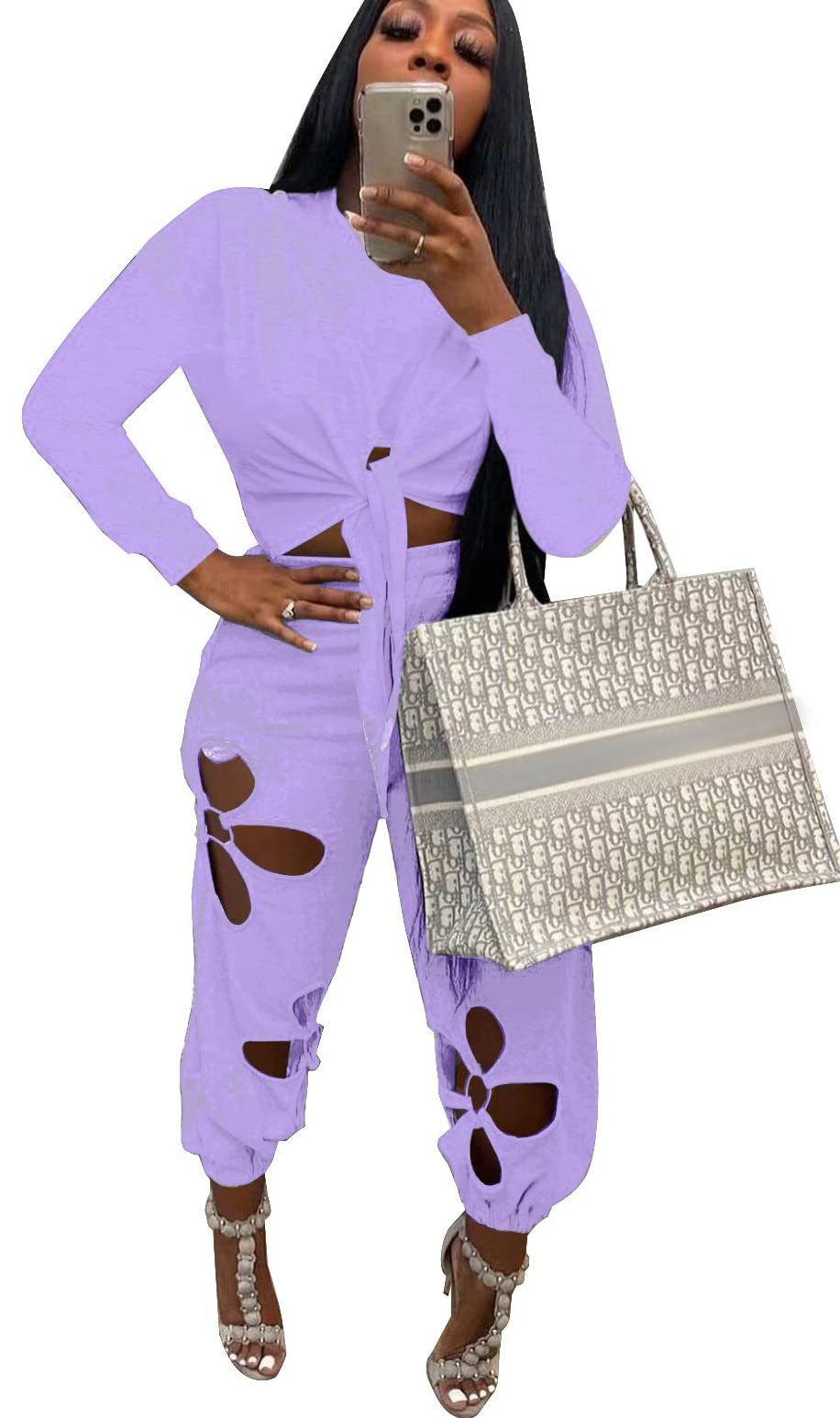 Sweat Suits for Womens 2 Piece Workout Set Sweatpants and Knot Front Tops Fall Outfits Purple