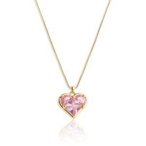 Sonateomber Pink Heart Pendant Necklace for Women - Gold Dainty Chain Cute Red Crystal Rhinestone Love Heart Dangle Necklaces Wedding Valentines Prom Jewelry Gift for Mother