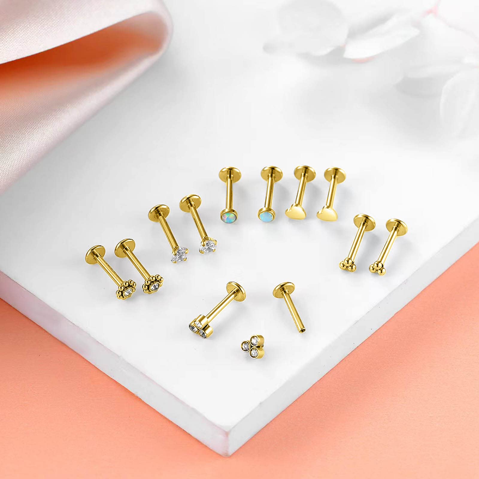 Yjbglrygf 16G Monroe Lip Piercing Jewelry Labret Studs Tragus Hoop Earrings Internally Threaded Lip Stud Nose Piercing Stud Flat Back Opal Zircon Helix Earring Studs(16G*8mm, gold)