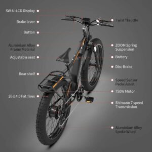 Aostirmotor 750W Electric Bike Fat Tire 48V 13AH Removable Lithium Battery and Fenders