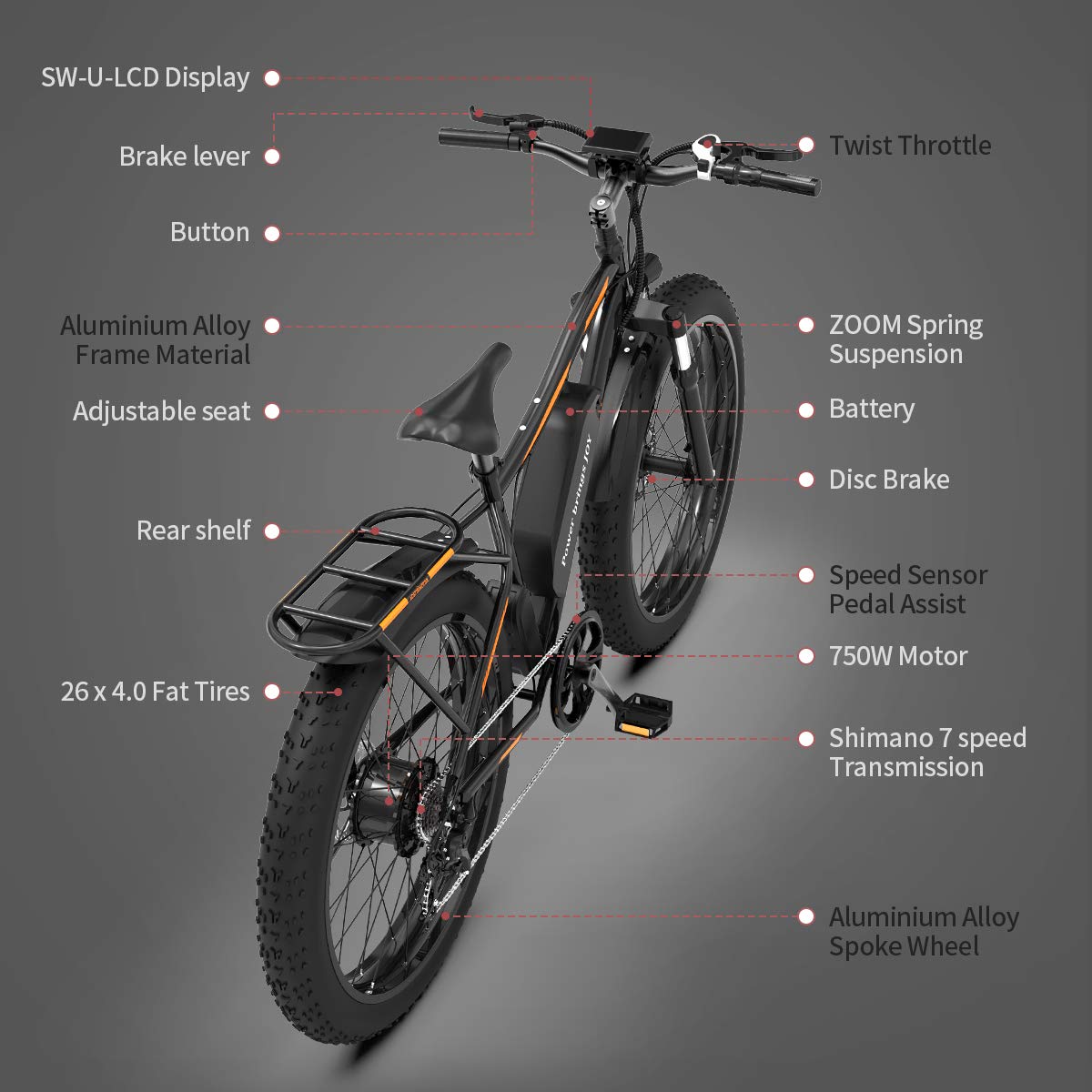 Aostirmotor 750W Electric Bike Fat Tire 48V 13AH Removable Lithium Battery and Fenders