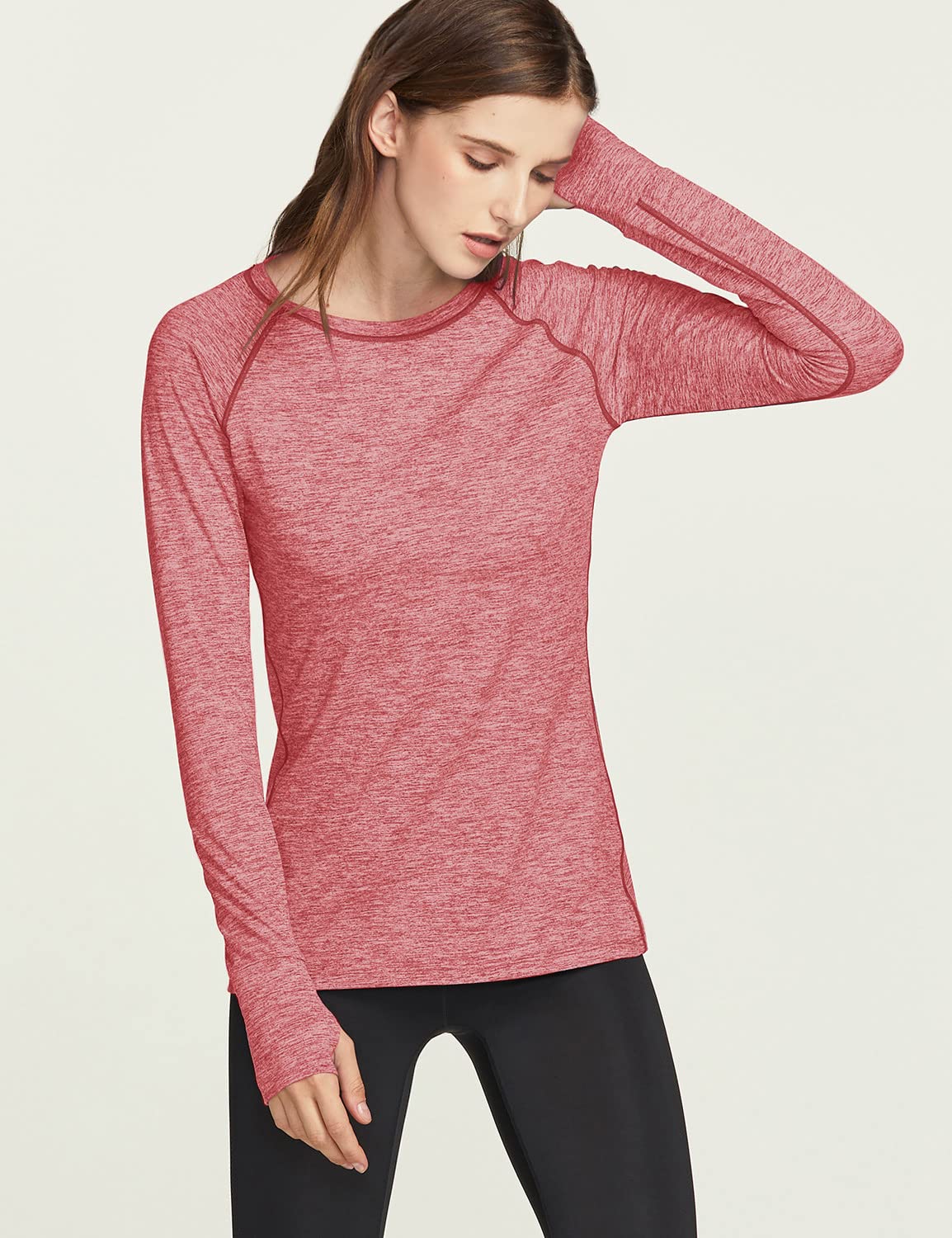 TSLA Women's Long Sleeve Shirts, Lightweight Crewneck Yoga Workout Tops, Athletic Sports Performance Running T-Shirts, Stretch Crew Spacedye Dusty Rose, X-Large