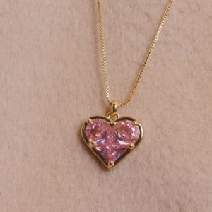 Sonateomber Pink Heart Pendant Necklace for Women - Gold Dainty Chain Cute Red Crystal Rhinestone Love Heart Dangle Necklaces Wedding Valentines Prom Jewelry Gift for Mother