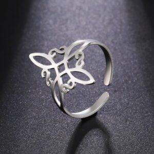 UNIFT Witches Knot Ring For Women Stainless Steel Geometric Style Elegante Chic Irish Celtic Knot Adjustable Ring Witchcraft Amulet Jewelry (Silver)