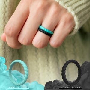 Saco Band Silicone Ring for Women - 3mm Width 2.5mm Thick (Black, Pearl Silver A, Teal B, Dark Blue H- Size 6.5-7 (17.35mm))