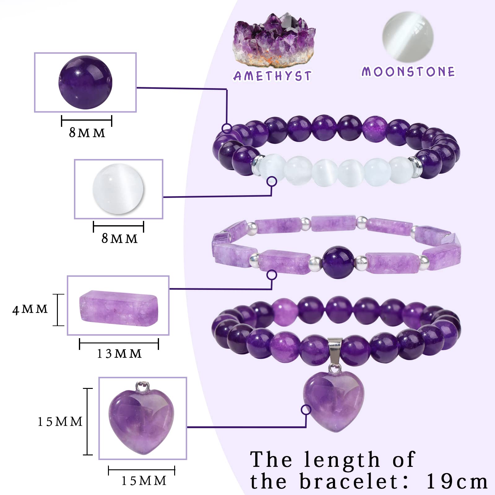 Vinswet Healing Crystal Beaded Bracelets for Women,Natural Amethyst Moonstone Gemstones Bracelet,Anxiety Stress Relief Heart Charm Bracelet Handmade purple Jewelry Gifts for Women