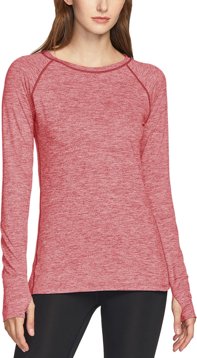 TSLA Women's Long Sleeve Shirts, Lightweight Crewneck Yoga Workout Tops, Athletic Sports Performance Running T-Shirts, Stretch Crew Spacedye Dusty Rose, X-Large