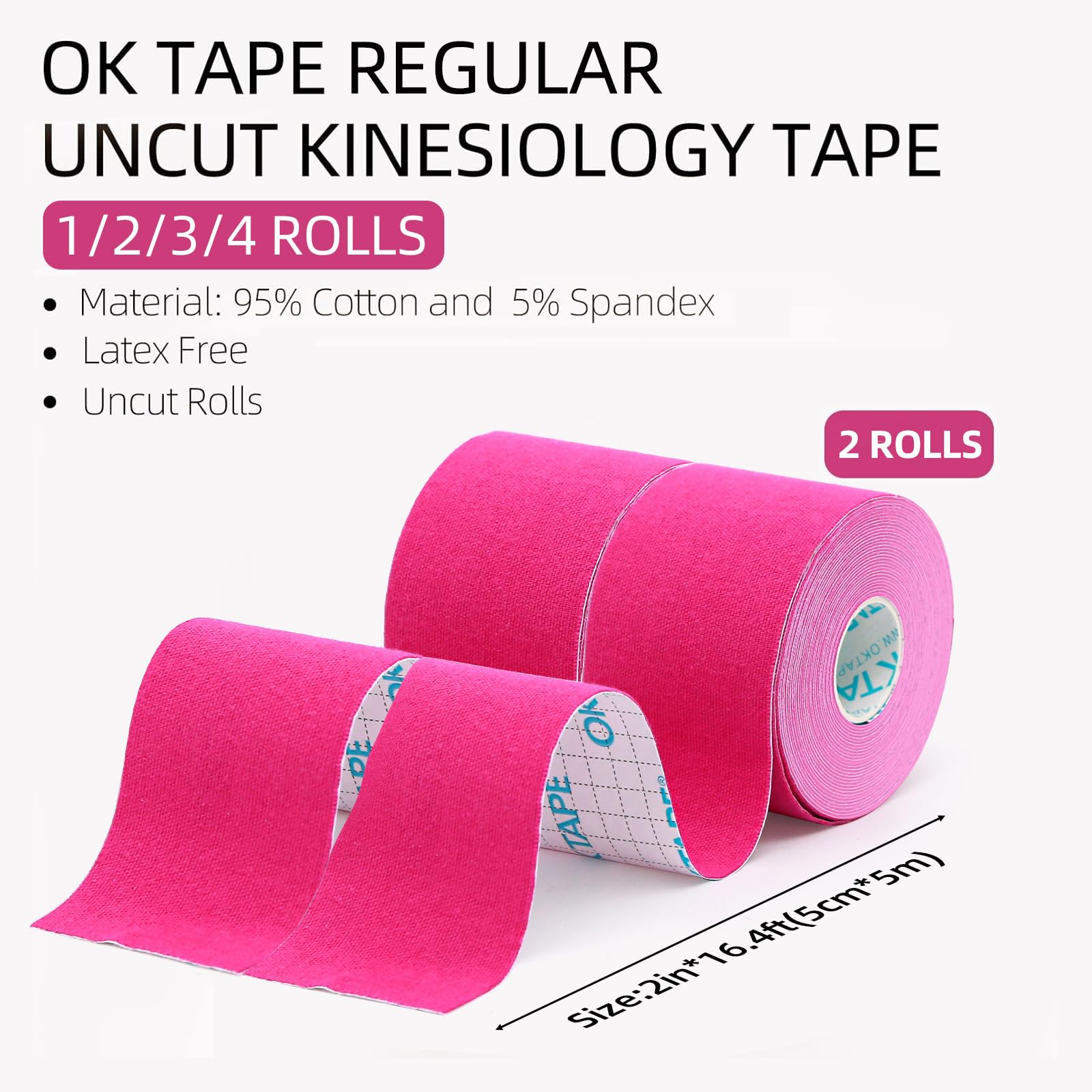 OK TAPE Regular Original Cotton Kinesiology Tape (2 Pack), Elastic Water Resistant Therapeutic Athletic Tape, Latex Free, Pain Relief, Injury Recovery, Uncut K Tape 2in×16.4ft - Pink