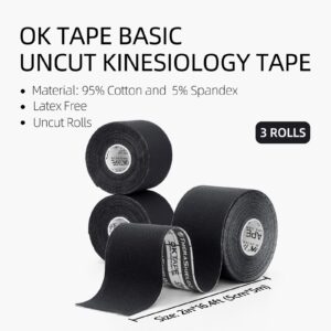 OK TAPE Basic Kinesiology Tape (3 Pack), Original Cotton Athletic Tape for Support Muscle Joint Knee, Sports Waterproof Tape Uncut Strips Latex Free, Hypoallergenic, Pain Relief, 2in×16.4ft - Black