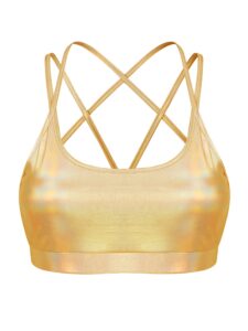 freebily women's shiny metallic crop top for raves dance music festivals sports bra crisscross back workout yoga bra gold medium