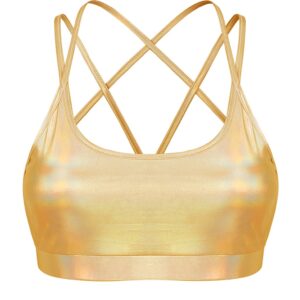 Freebily Women's Shiny Metallic Crop Top for Raves Dance Music Festivals Sports Bra Crisscross Back Workout Yoga Bra Gold Medium